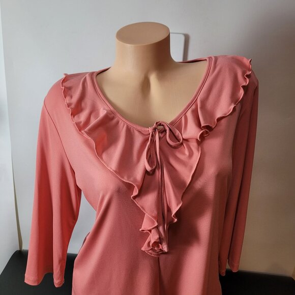 Southern Lady Pink Ruffled V-Neck Blouse W/Tie Front & 3/4 Sleeves Med. - Picture 1 of 13